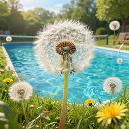 Dandelion swimming field pool tennis old summer sweet, photorealistic, realistic 4k octane beautifully detailed render, 4k post-processing, highly detailed, intricate complexity, epic composition, magical atmosphere, cinematic lighting, masterpiece, ultra hd