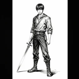 a young man holding a ritual blade, full body character portrait, ink drawing, black and white, highly detailed concept art by tim bradstreet