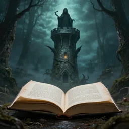 a book that holds evil power, its readers perish, guarded by a seer in a tower