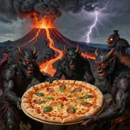masked demons grabbing a large pizza!!!, in the background is a volcano spewing lava and black smoke, streams of glowing hot lava, flashes of lightning in the distance. wide angle, long shot, an ultrafine detailed painting by jan van eyck, deviantart, pop surrealism