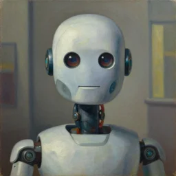 super - intelligent robot with kind eyes portrait, pj crook, grant wood, edward hopper, oil on canvas