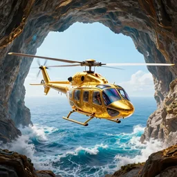 a futuristic helicopter with golden canopy hovering in a massive cave that is overlooking the ocean with 1 0 0 ft waves, 4 k, hyper realistic, coherent design, symmetrical, vivid colour, complementary colour, golden ratio, detailed, sharp lines, intricate, rainbow shift, in unreal 3 d engine, ray tracing, octane render