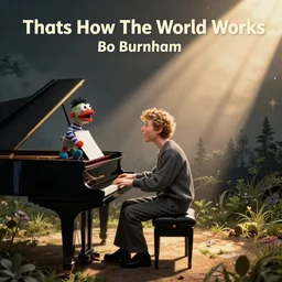 Bo Burnham sitting at a piano with a sock puppet singing Thats How The World Works, Album Cover