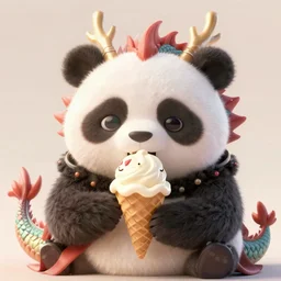 high quality 3 d render hyperrealist very cute gothic grumpy panda & dragon hybrid eating ice cream, vray smooth, in the style of detective pikachu, very dramatic light, low angle, uhd 8 k, shallow depth or field
