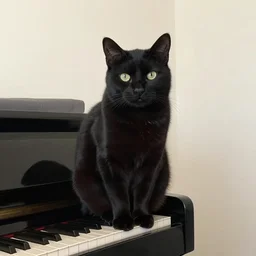black cat sitting on a piano
