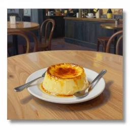 creme brulee with coffee on a light brown oak table in a night cafe, hyperrealistic, high detail, 8 k, award winning, oil painting,
