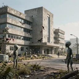 post apocalyptic hospital building, grey aliens standing, morning, building, avenue, modern contemporary urban americana concrete architecture, by pascal blanche, neil blevins, apocalyptic color palette, trending on artstation, photorealistic, wilderness ambiance, ultra detailed, high definition, depth of field, bokeh, rubble, wild vegetation, blood stains, building crumbling
