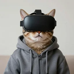cat in a hoodie and vr glasses, portrait by jeremiah ketner, peter kemp, ilya kuvshinov
