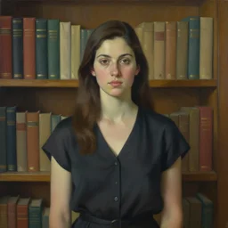 a painting of a woman standing in front of a bookshelf, facing the camera, a character portrait by fernando amorsolo, behance contest winner, concept art, by greg rutkowski