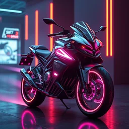 concept art of futuristic mortorcycle with neon light, cyberpunk aesthetic, capable to flight, navigator gear, ultra realistic, ultra detailed, volumetric light, anamorphic lenses, unreal engine, 8 k, shot of the entire motorcycle, no cropping