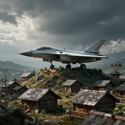 a photo of a futuristic jet on top of a wooden village, low depth of field, low exposure