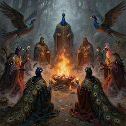 masterful fantastic realist painting of the enchanted summoning rituals of unusual moody birds wearing cloaks, exotic bejeweled peacock magick, weird perspective, ritual fire, digital painting trending on artstation, volumetric lighting and mist, hyperrealistic, octane render