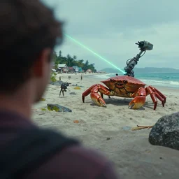 blurry dof shoulder shot of a gigantic crab crawling towards village near a beach and [ laser ] [ turret ] [ attached ] to top of crab, by ralph mcquarrie, tyler jacobson by peter mohrbacher, cinematic lighting