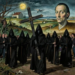 A Holy Week procession of grim reapers in a lush Spanish landscape at night. A hooded figure at the front holds a cross. El Greco, Remedios Varo, Salvador Dalí, Zdzisław Beksiński.