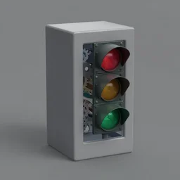 a grey block with a traffic light attached to it, gears visible through glass on the block, unreal engine, 3 d model, grey bg