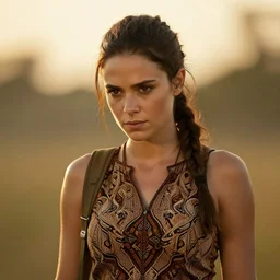 lara croft wearing batik, looking content, golden hour, shy