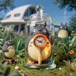 cinestill 5 0 d, 8 k, j. j abrams flare ; esoteric ultra realistic seinen manga faberge timepiece in totoro ( 1 9 9 0 ) film still garden scene in frontiers in translucent plastic photography fashion magazine june seinen manga portrait edition, hyperrealistic real - devanagari shaped clay occult timepiece film still in victorian glass jar, pointe pose, perfect eyes, tilt shift wide shot zaha hadid background