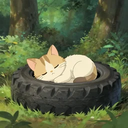 cute kitten sleeping in an overgrown tire in a forest, digital art, artstation, studio ghibli