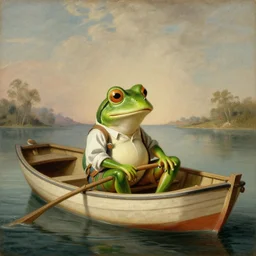 a frog in a fisherman's outfit, sitting in a rowboat, rococo painting, lighthearted atmosphere, rule of thirds