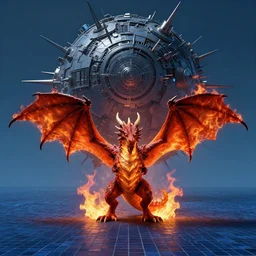 a dragon standing on two legs with its wings spread out surrounded by fire, the ground is a flat dark blue mosaik pattern and the sky is covered by a mechanic sphere with lots of spikes of metal stretching out from the sphere, trending on artstation, highly detailed digital art
