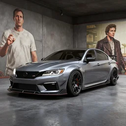 custom body kit sedan in forza horizon, beamng, grand theft auto, need for speed. art by filip hodas and artgerm. indoor, rhads. 3 d render, surrealism, hyperrealism.