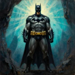 textured full body of muscular batman  with backlight , sun rays , big shadows, small bird sihouettes  in cyan background , very textured detailed  panoramic oil painting by rembrandt , hard backlight , in dark cave