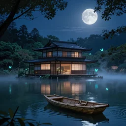 a stunning Japanese lake house, beautiful lake in the foreground, a small bamboo boat floating in the lake, moonlit night dreamy atmosphere, highly detailed twigs and plants in the forest, bioluminiscent butterflies in the fog in a bokeh background, deep colors, photorealistic digital arts, in anime and manga style, smooth and rich color scheme, artstation, 8K