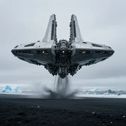 cinematic shot of giant symmetrical futuristic military spacecraft landing on an endless black sand beach in iceland with icebergs in the distance, 2 8 mm, shockwave