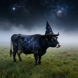 a detailed picture of stars and a nebula shaped like a cow in a grassy field wearing a witch hat, cow wearing hat!!! viewed in profile and far away, fog in the background, ultrawide lens, aerial photography, black and blue color scheme with gold highlights, art by wlop and mars ravelo, artstation, 8 k