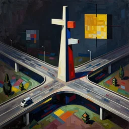 a beautiful bauhaus sculpture by louise nevelson of a complex highway intersection, color bleeding, pixel sorting, brushstrokes by jeremy mann, dark lighting, square shapes by mondrian