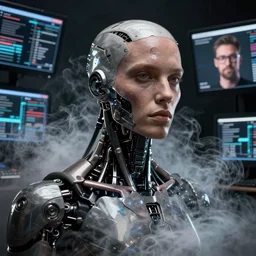 a Portrait of a cyborg, cyberpunk, surrounded by smoke, missing skin, by Sam Spratt, by Vlad Rodriguez, computer screens in the background, trending on Artstation, dark, dramatic, cinematic, realistic studio lighting, realistic reflections, 4k, professional, canon