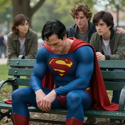 a highly detailed matte painting of superman comforting a depressed keanu reeves on a park bench, art by barclay shaw and brandon sanderson and akira toriyama, volumetric lighting, octane render, 4 k resolution, trending on artstation, masterpiece