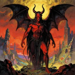 satan in hell by moebius, landscape, colorful, highly detailed, cinematic, 1 6 mm, 8 k, epic