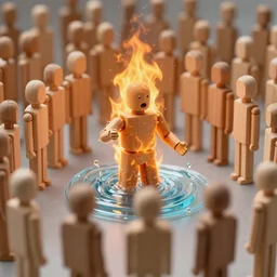 fire human speaking with water human in the middle of a crowd full of wooden humans.