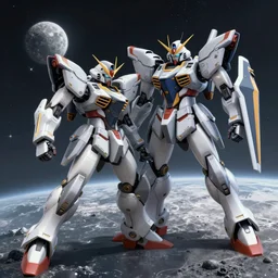 two battle mecha locked in combat over a distant moon, the light of it off the armour, it’s an incredibly detailed artwork, styled like ghost in the shell, with Japanese inspiration, they have light swords and are bright neon Colors, hyper realistic, 4K, detailed,