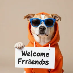 A portrait photo of a dog wearing an orange hoodie and blue sunglasses holding a sign on his hand that says Welcome Friends on his hand, subject: dog, subject detail: wearing orange hoodie, wearing blue sunglasses, subject action: holding sign