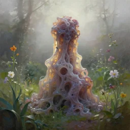 amorphous, gooey life form covering a cottage garden in a beautiful foggy morning. oil painting, indie concept art, bloom, chiaroscuro, backlighting, intricate details, depth of field.