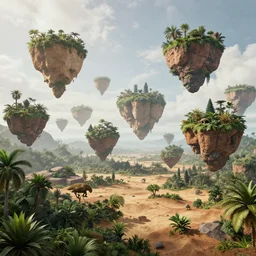 beautiful stunning amazing slightly cloudly sky with various differently colored floating islands made of dirt and sand and stone with many varied rainforest forest desert plants and few little animals, landscape, fantasy, wide angle, sharp image, cinematic, concept art, 3d, photorealistic render, octane render, blender cycles, unreal engine, raytracing, volumetric light, photoshop, lightroom, digital art, trending on artstation