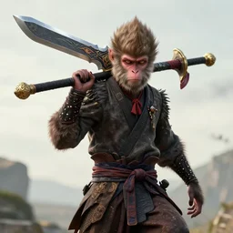 a photo of a monkey carrying a large dragonslayer greatsword, 4 k, realistic, boss, fantasy, unreal engine, creature, wearing japanese robes, menacing, natural lighting