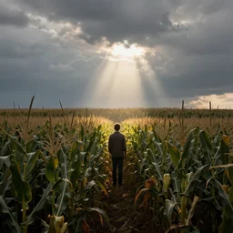 god rays illuminating a single man in a corn field, gloomy sky, pictorialism