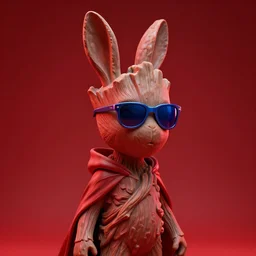 rabbit groot as marble statue with sunglasses, blue sunglasses, in red background, soft red texture, red realistic 3 d render, high red lights, 4 k, high detailed photography cape, 5 0 mm lens, rich red colors, smooth gradients, depth of field, cinematic, hyper realism, high detail, octane render, unreal engine, 8 k very red colors