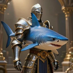 blue thresher shark wearing knight armor fantasy, wonderful masterpiece highly detailed, scifi, beautiful cinematic light deep focus, elegant, digital painting, smooth, sharp focus, golden ratio, dramatic illumination, ultra realistic, 8 k, art by ilya kuvshinov, artgerm, alphonse mucha, and greg rutkowski
