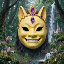 hyper realistic Princess Mononoke in her mask, lush rainy forest landscape, wolves, magic, castle, jewels, style of tom bagshaw, mucha, james gurney, norman rockwell, gems and gold, waterfalls, denoised, sharp, yellow purple colours,