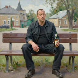 vin diesel dressed as a gopnik sits on a bench with a bottle of beer in the courtyard of a provincial russian town, oil on canvas, naturalism