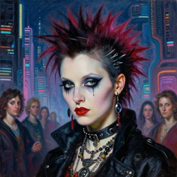 close up portrait of a punk goth coco rocha in a fluorescent fractal cyberpunk futuristic city by ellen von unwerth, oil painting by canaletto hieronymus bosh leonardo da vinci piero della francesca botticelli