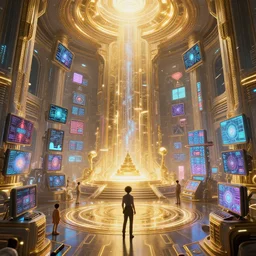 extremely beautiful high detailed long portrait of a solid interior scene with a temple of internet. by daniel f. gerhartz and artgerm and greg rutkowski. intricate details, sci - fi details, hi - tech details, a lot of displays, digital glow, energetic mood, golden ratio, trending on artstation, volumetric lighting, 4 k, 8 k