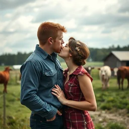 tall red haired male kissing a short brunette female on farm, gustav style