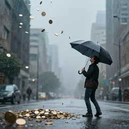 coins and money falling from the sky and hits a man with a umbrella in a city, coins, money, rain, realistic art, artstation
