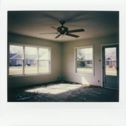 atmospheric polaroid photo of the interior of an abandoned suburban house, sunlight through the windows, bronze ceiling fan