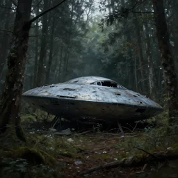 abandoned crashed ufo in the forest, concept art, art station landscape, cinematic lighting hyper realistic painting, dark atmosphere